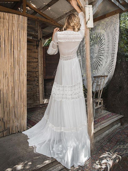 Deep V-neck See-through Puff-sleeves Maxi Dress