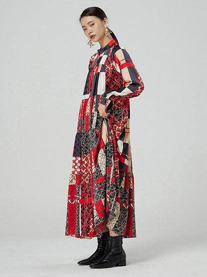 Original Bohemia Pleated Buttoned Stand Collar Long Sleeves Midi Dress