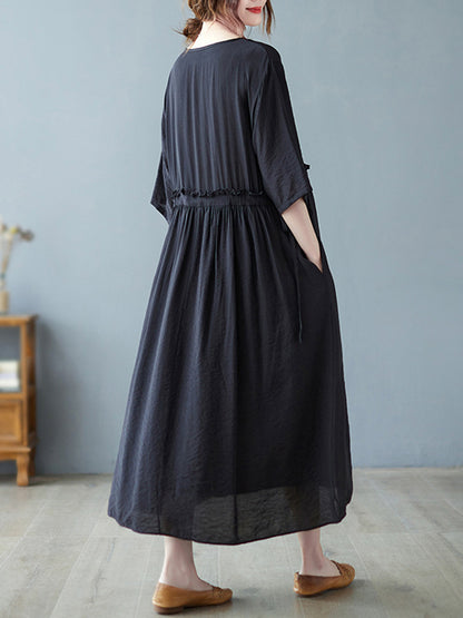 Artistic Retro Loose Solid Color Embroidered Drawstring Midi Dress
