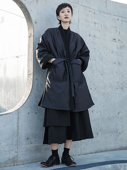 Fashion Solid Color Split-Side Long Sleeves Bandage  Cotton-Padded Coat