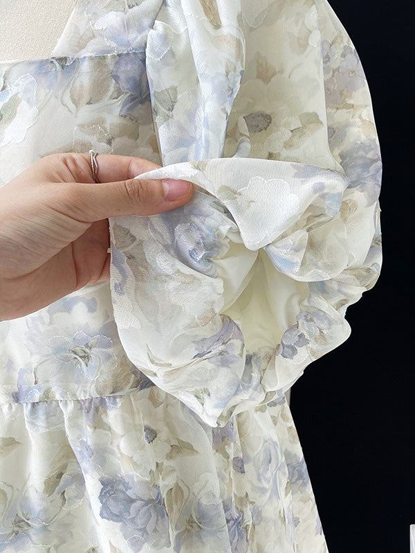 Original Floral Printed Square-Neck Puff Sleeve Mini Dress