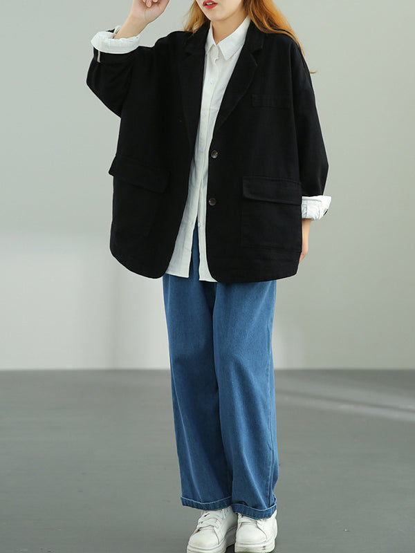 Simple Solid Color Buttoned Notched Collar Batwing Sleeve Outerwear