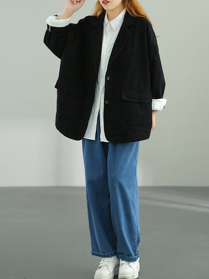 Simple Solid Color Buttoned Notched Collar Batwing Sleeve Outerwear