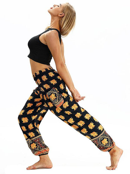 Floral Printed Elastic Waist Wide Leg Casual Pants