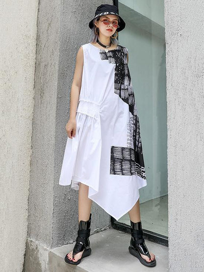 Asymmetric Printed Ruffled Sleeveless Dress