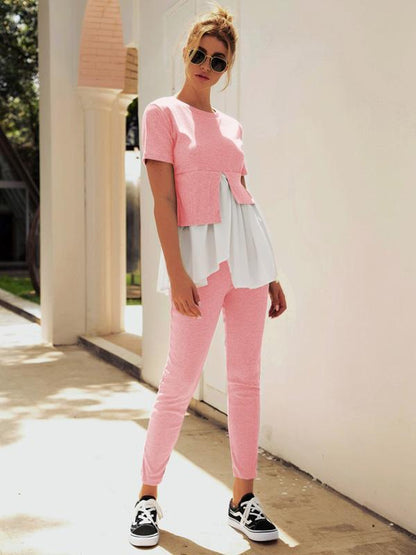 Falbala Split-joint Cropped Tee&Pants Sports Suits