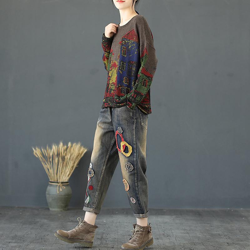 Buykud Print Long Sleeve Comfortable Breathable Sweater