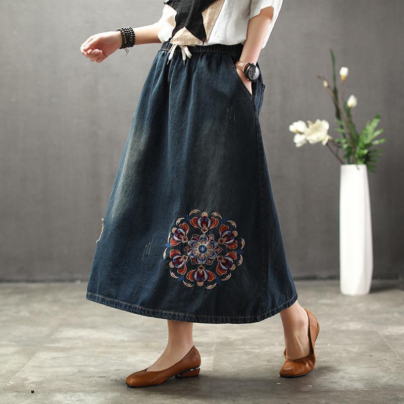 Denim Floral Embroidery A-Line Women Skirt