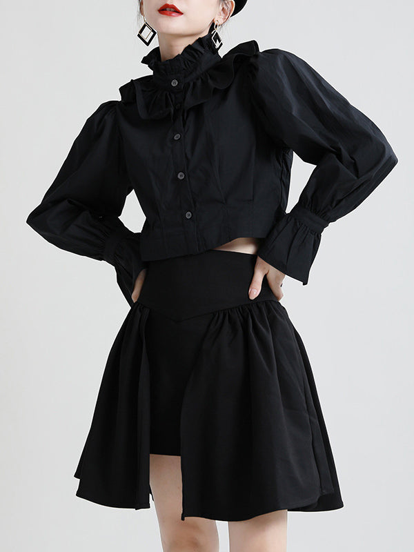 Stylish Solid Color Falbala Buttoned Pleated Stand Collar Long Puff Sleeves High-Waist Blouse