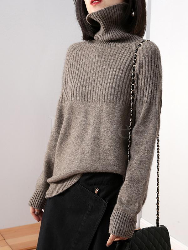 Loose High-neck High-low Solid Casual Sweater