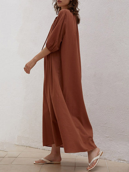Casual Loose Linen 3 Colors Tied Pleated V-Neck Bishop Half Sleeves Midi Dress