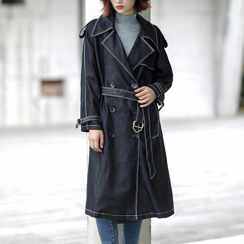 Cotton Solid Sashes Casual Office Lady Denim Coat