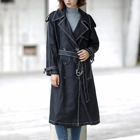 Cotton Solid Sashes Casual Office Lady Denim Coat