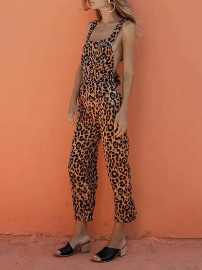 Leopard Printed Crossover Strap of Back Jumpsuits
