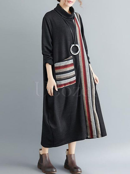 Casual Striped High-neck Midi Dress