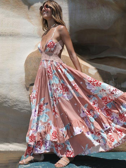 Lace Split-joint Backless Maxi Dress
