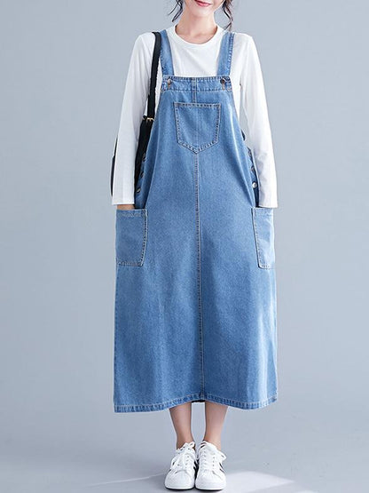 Denim Blue Front-pocket Long Dress