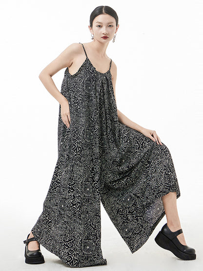 Original Loose Black Printed Spaghetti-Neck Wide Leg Jumpsuits