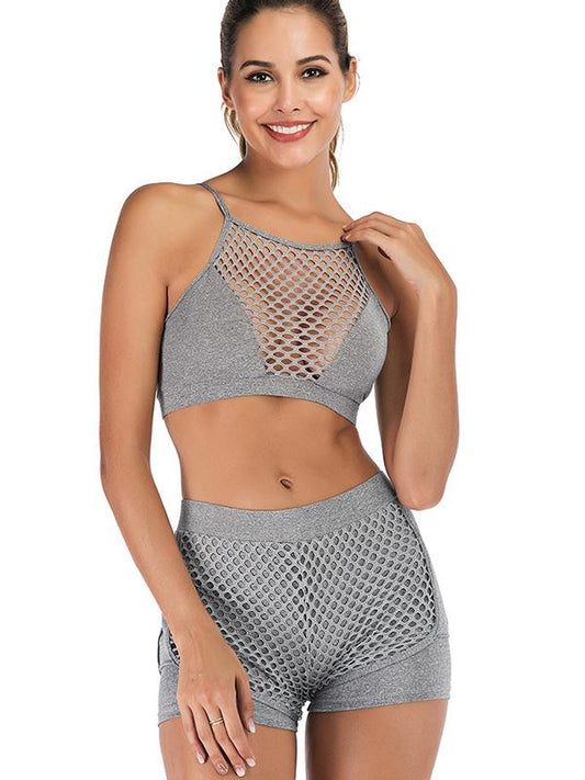 Mesh Perforated Sport Bra And Shorts Suits