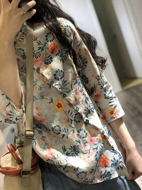 Fresh Oblique Printed Linen Blouses