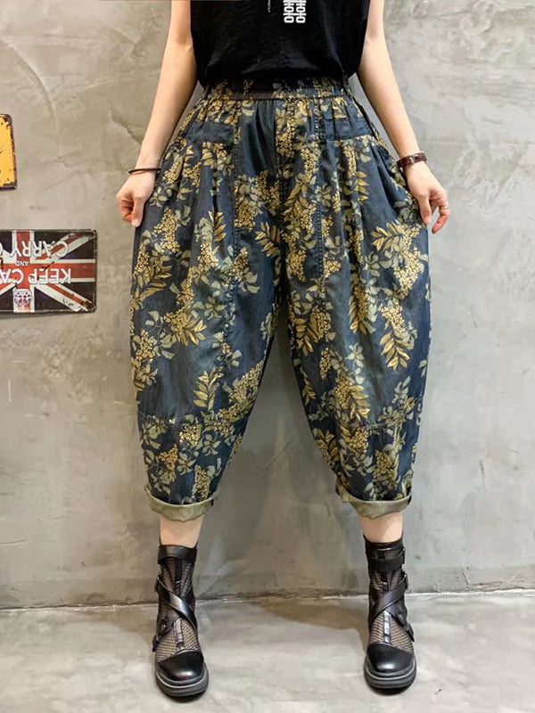 Vintage High-Waisted Floral Printed Harem Jean Pants Bottoms