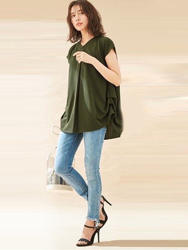 Simple Solid Color Pleated Round-Neck Short Sleeves T-Shirt
