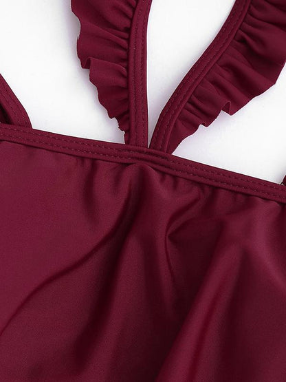Plain Ruffled Top With Panty Bikini Swimsuit