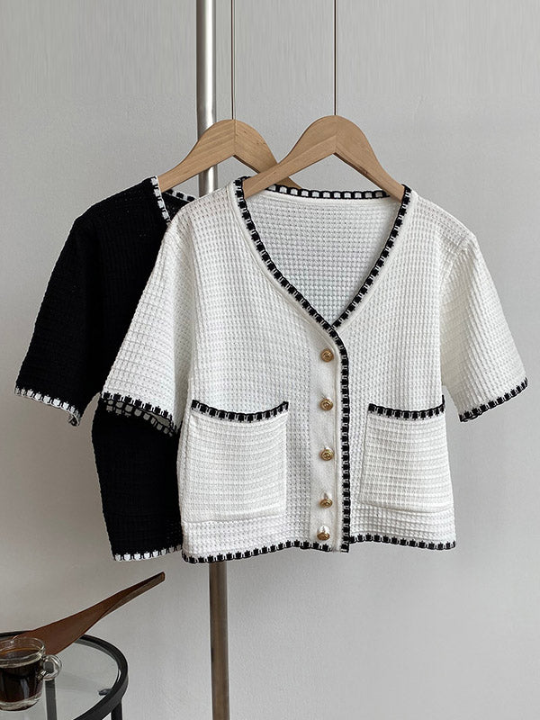 Casual Black&White V-Neck Short Sleeves Knitwear Cardigan