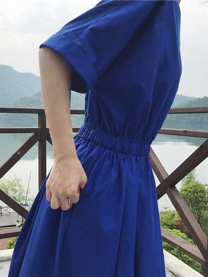 Loose Solid V-neck Short Sleeves Dress