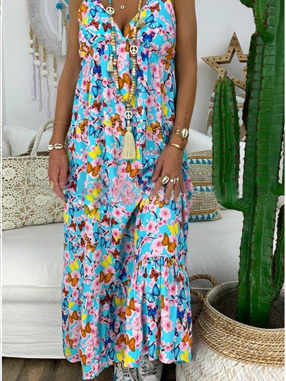 Beach V-neck Printed Spaghetti-neck Maxi Dress