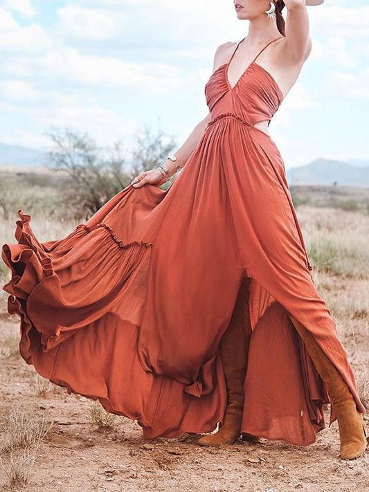 Ruffled Waisted Spaghetti-neck Maxi Dress