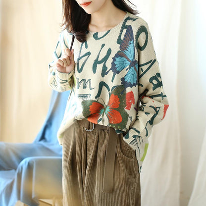 Buykud Butterfly Print High Low Hem Pullover Sweater