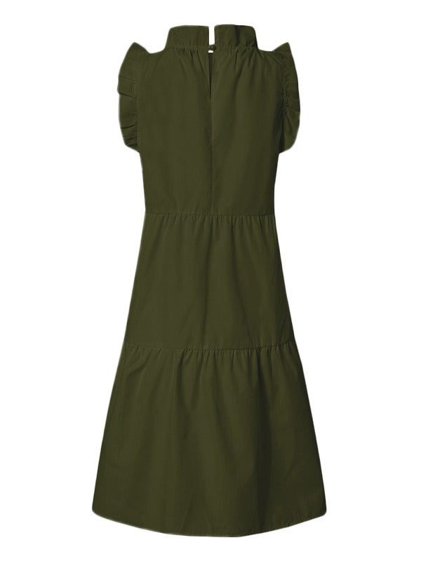Stylish Solid Color Falbala Sleeveless Stand Collar Midi Dress