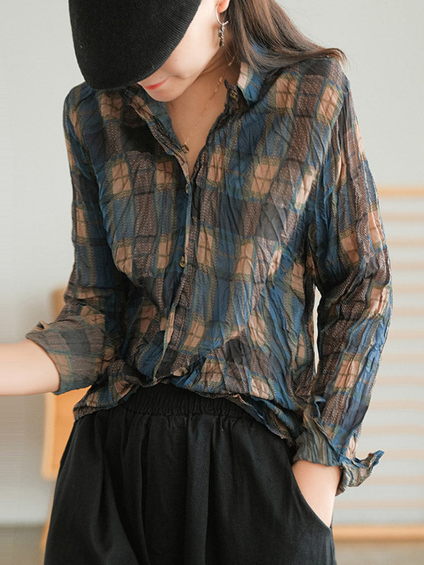 Vintage Long Sleeves Buttoned Plaid Printed Blouses Top