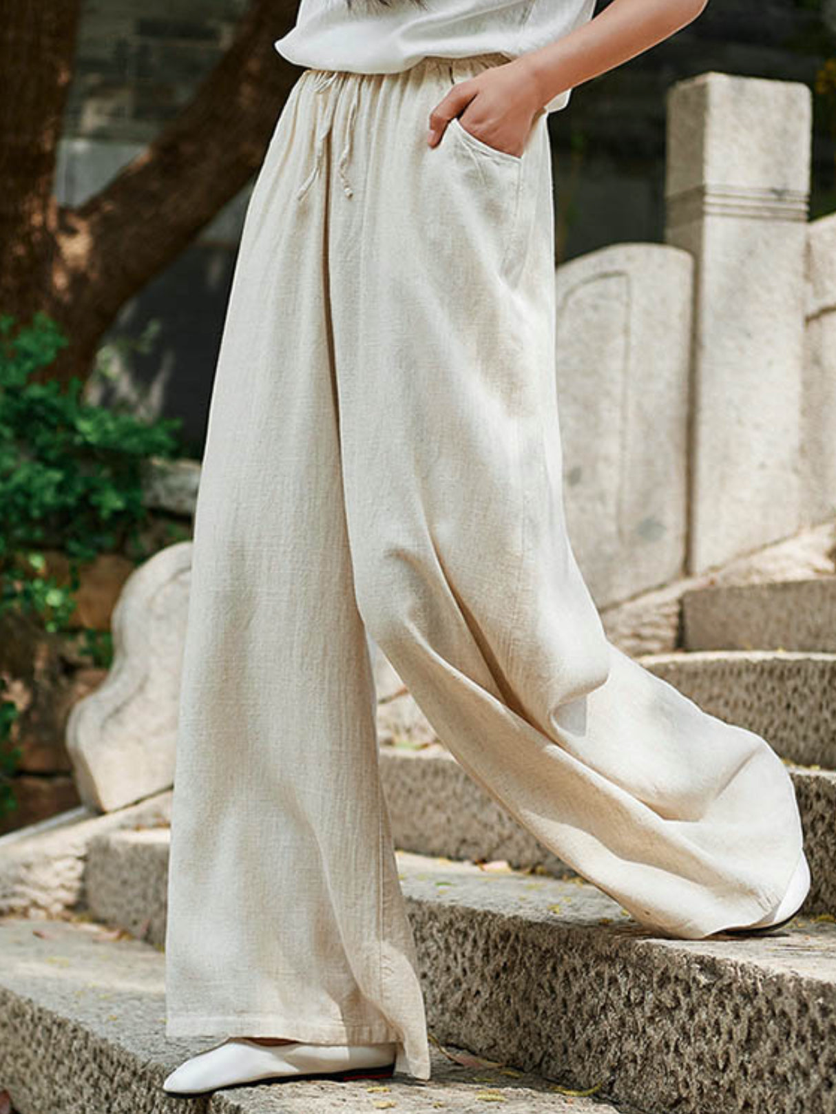 Original Casual Loose Linen Irregular Buttoned V-Neck Long Sleeves T-Shirt Tops&Wide Legs Casual Pants 2 Pieces Set