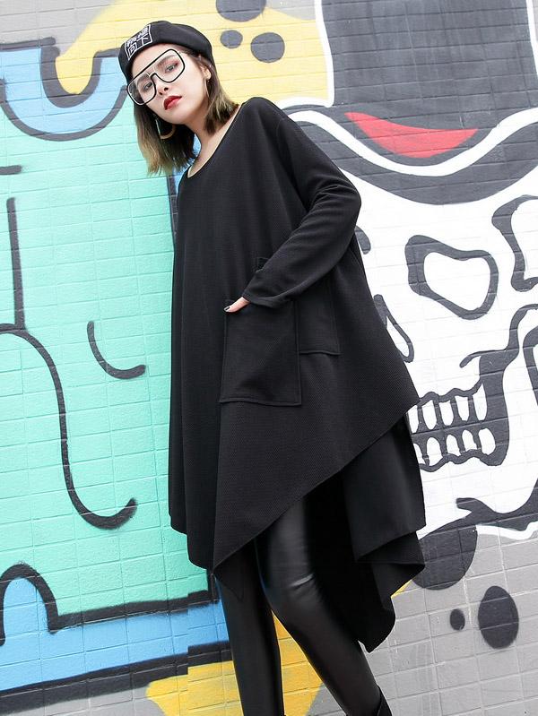 Loose Black Round-neck Asymmetric T-shirt Dress