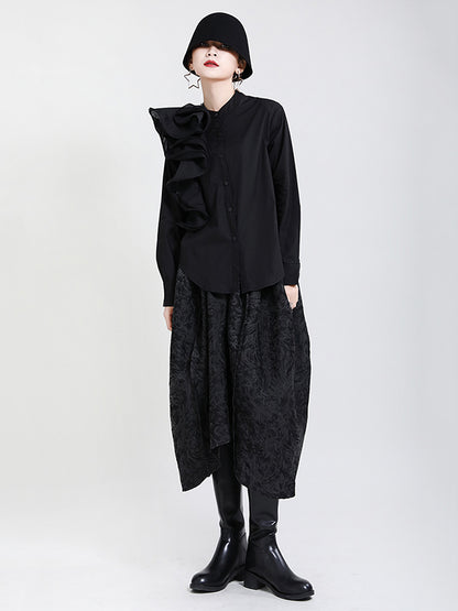 Stylish Falbala Split-Joint Solid Color Buttoned Stand Collar Long Sleeves Blouse