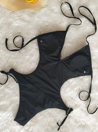 Deep V-neck Tassels Halterneck One-piece Swimwear