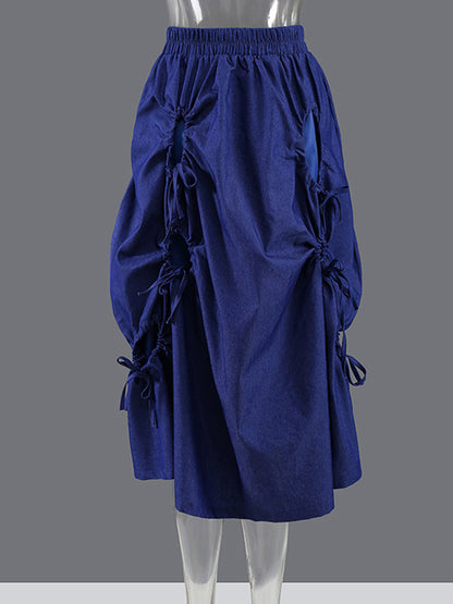 Original Stylish Drawstring Pleated Solid Color Elasticity Skirt