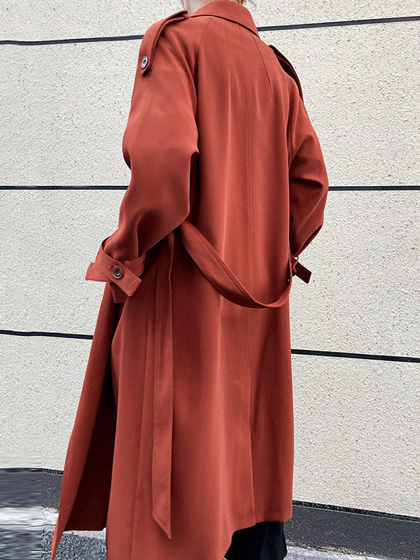 Chic Solid Color Buttoned Tied Notched Collar Long Sleeves Trench Coat