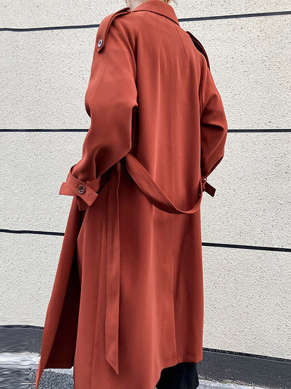Chic Solid Color Buttoned Tied Notched Collar Long Sleeves Trench Coat