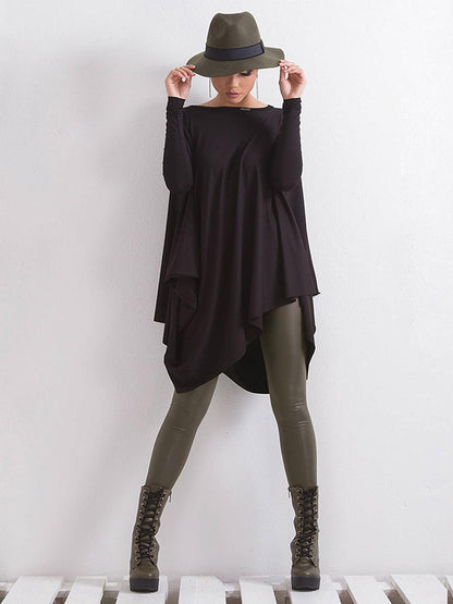 Simple Black Batwing Long Sleeve Loose Asymmetric T-Shirt