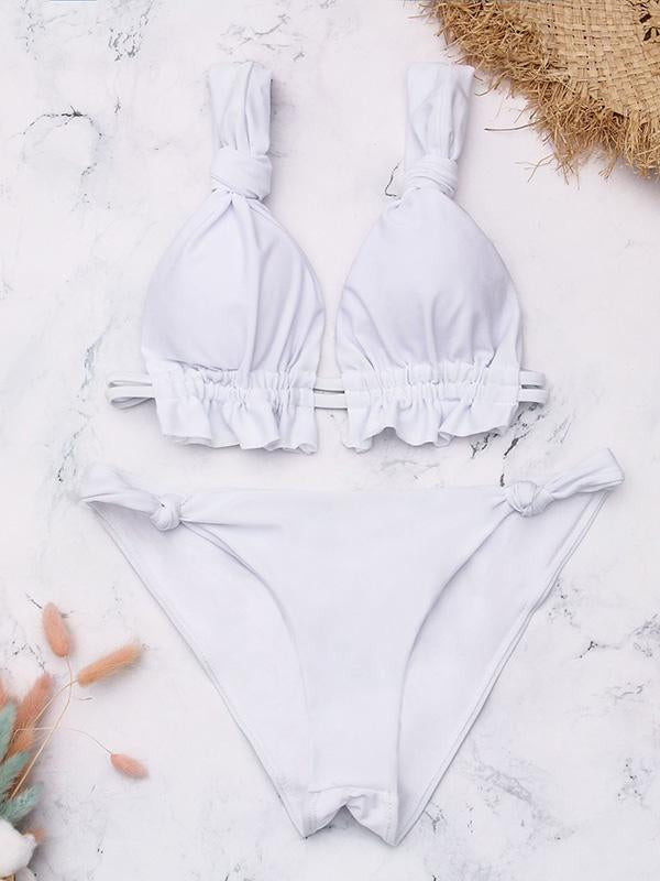 Solid Color Knotted Split Bikini Swimsuit