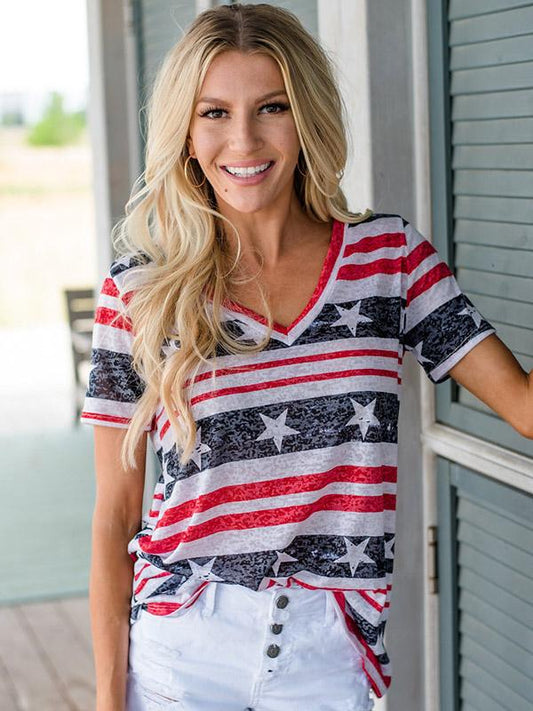 National Flag Printed V-neck Long Women's T-shirt