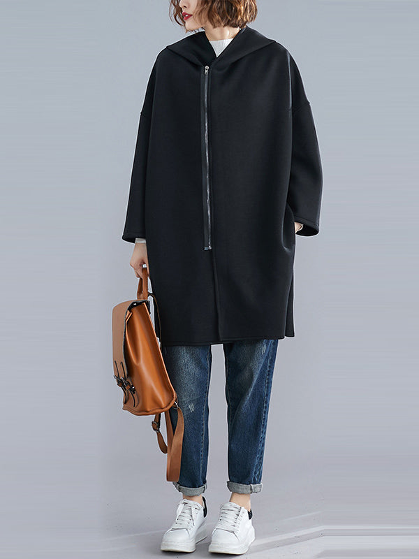 Casual Loose Solid Color Zipper Hooded Batwing Sleeves Outwear
