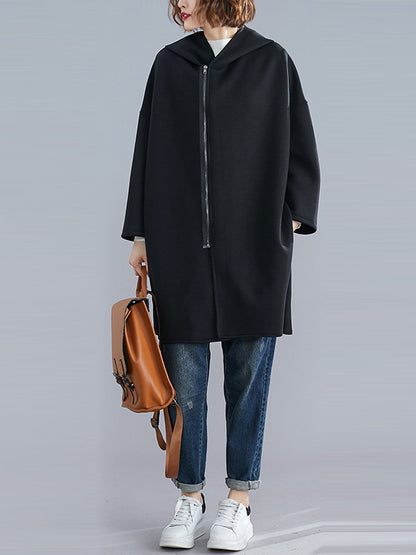 Casual Loose Solid Color Zipper Hooded Batwing Sleeves Outwear