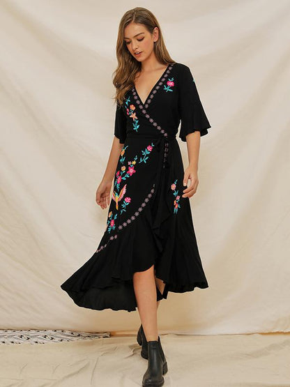 Embroidered V-neck Lace-up Dress
