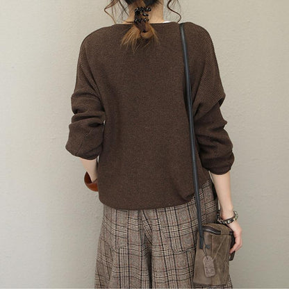 Buykud V-Neck Loose Curling Literary Casual Sweater