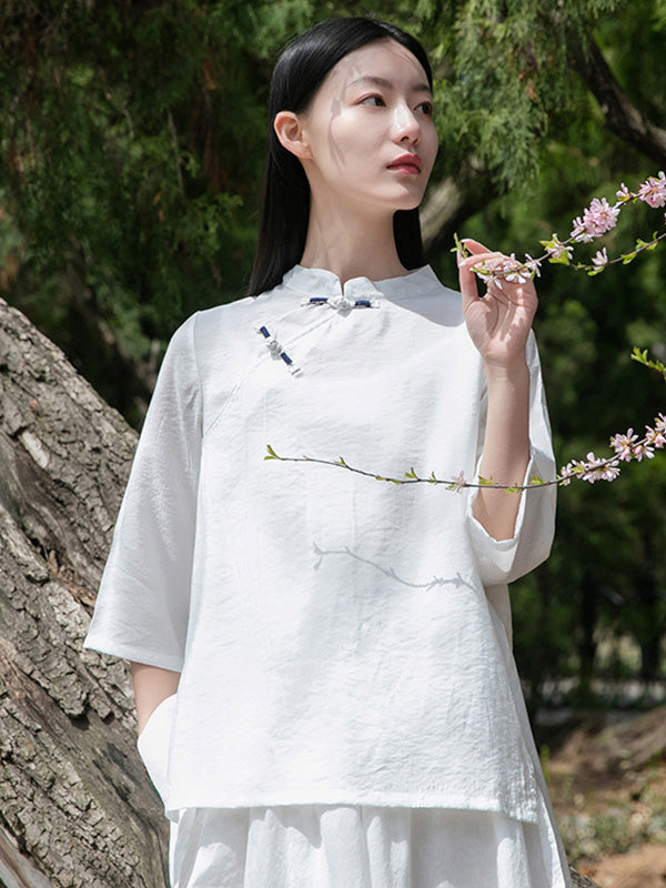 Vintage Tencel Buttoned Stand Collar High-Low Half Sleeves T-Shirt