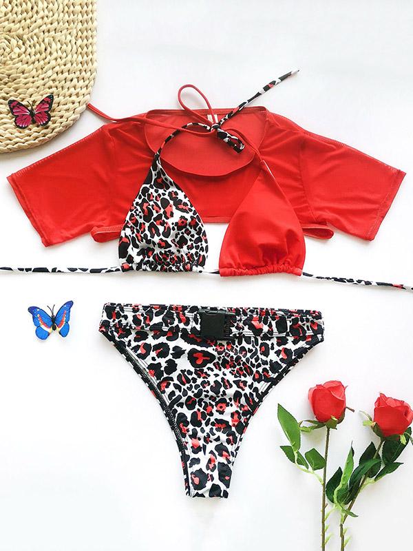 Sexy Net Yarn Leopard-Print Three-Piece Swimsuit